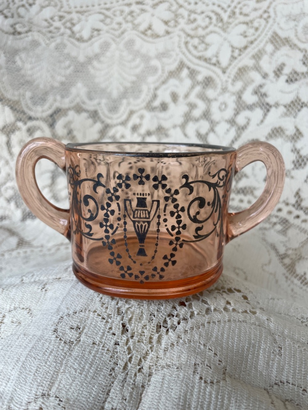 Pink Glass Double-Handled Sugar Bowl with Black Floral Motif